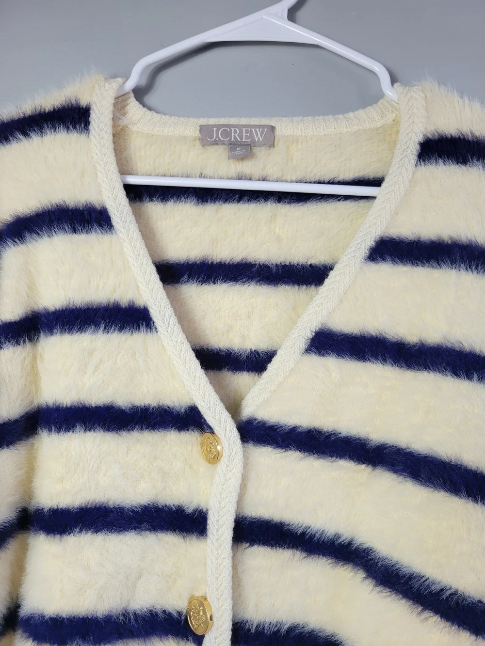 J. Crew Cream Fuzzy V‑Neck Cardigan with Navy Stripes